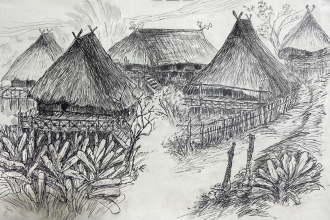 Bản Thái ở Chiềng La – Thuận Châu năm 1965 (tranh của họa sỹ Lê Chương – Sơn La)